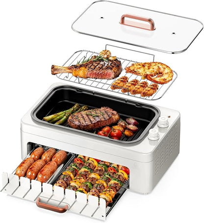 4-in-1 Electric Indoor Grill Smokeless for Home,Countertop Electric Grill with Removable Sizzle Grill Pan & Grate + Auto Rotating Kabob Skewers + Electric Hot Dog Roller Dual Zone Cooking with Lid