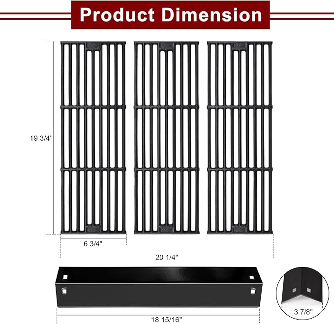 Hiorucet Grill Replacement Parts for Chargriller 5650, 5050, 3001, 5072, 3030, 3008, 4000, 5252, King Griller 3008 5252 Gas Grill, Cast Iron Grill Grates, Porcelain Steel Heat Plates