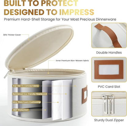 HOMELUX THEORY Plate Storage Box, 4pc Ivory Hard Shell China Storage Containers with 48 Felt Pads, Kitchen Storage Bins With Lids, Moving Box with Handles for Dishes, Dinner Plate & Platter