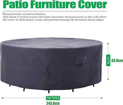 F&J Outdoors Patio Furniture Covers, Heavy Duty Tear Resistant Waterproof UV Resistant Windproof Outdoor Furniture Cover, Grey, 96" Dia x 33" H