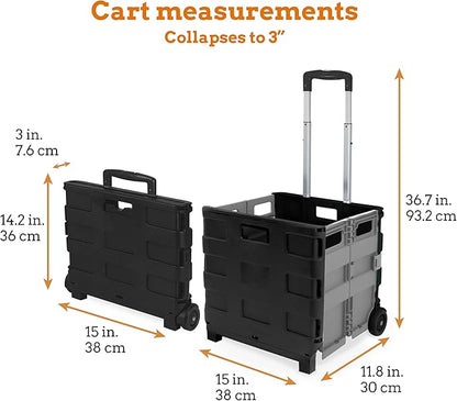Inspired Living Ultra-Slim Rolling Collapsible Storage Pack-N-Roll Utility-carts, with Telescopic Handle, for Home, Garden, Shopping, Office, School use, Medium, Grey & Black
