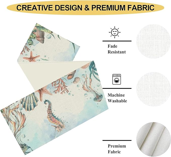 Summer Beach Table Runner, Blue Sea Coastal Nautical Turtle Seashell Jellyfish Ocean Table Runner Seasonal Holiday Home Kitchen Dining Table for Home Party Decor 13"x36"