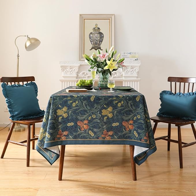 patdrea Designer Dark Blue Linen Rectangle Tablecloth,Vintage French Rustic Floral Pattern Tablecloths,Decorative Table Cover Cloth for Kitchen,Dining,Tea Party,Home,Christmas,63"*102"