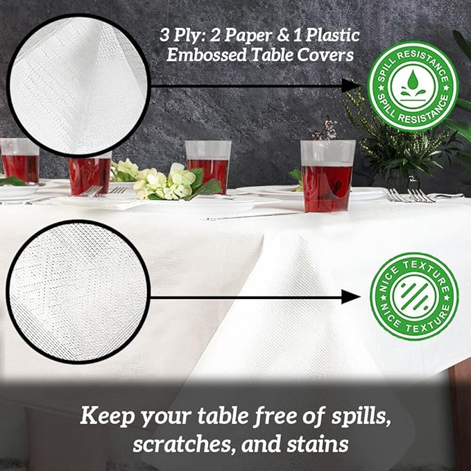 PARTY BARGAINS 5 Disposable Table Covers - 54" X 108", 3 Ply Paper & Plastic White Table Cover