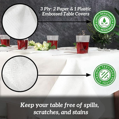 PARTY BARGAINS Disposable Table Covers - 54" X 108" [1 Count] 3 Ply Paper & Plastic White Table Cover