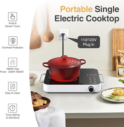 Single Burner Electric Cooktop,1800W 110V Electric Stove Top with Knob Control, Portable Cooktop with 2 Handle,single burner electric stove with Double Ring Heating, 4 hours Timer