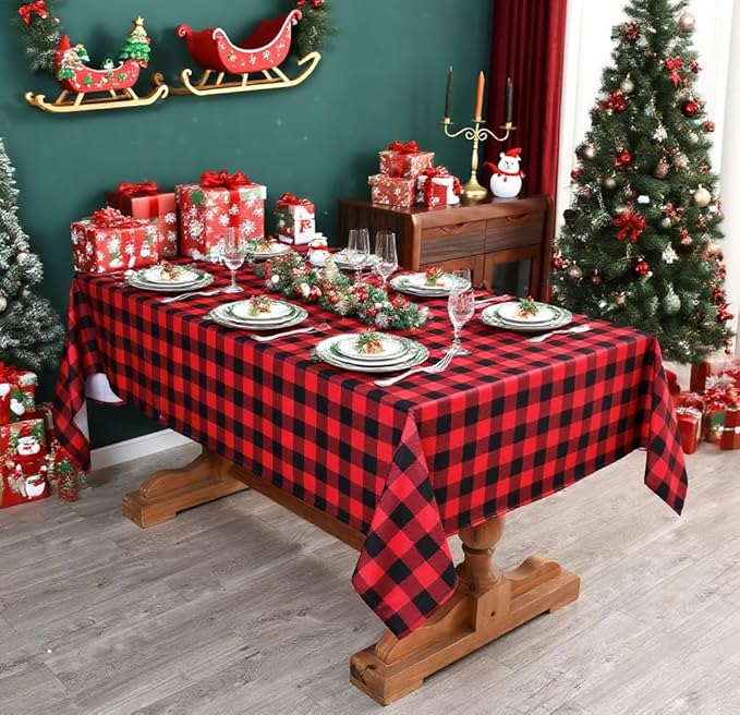Gingham Xmas Tablecloth Fabric - Oblong 58x120 Water Resistant Christmas Plaid Table Cloth for Indoor/Outdoor Use - Red Tabletop Cover Perfect for Birthday, Picnics, Gardens