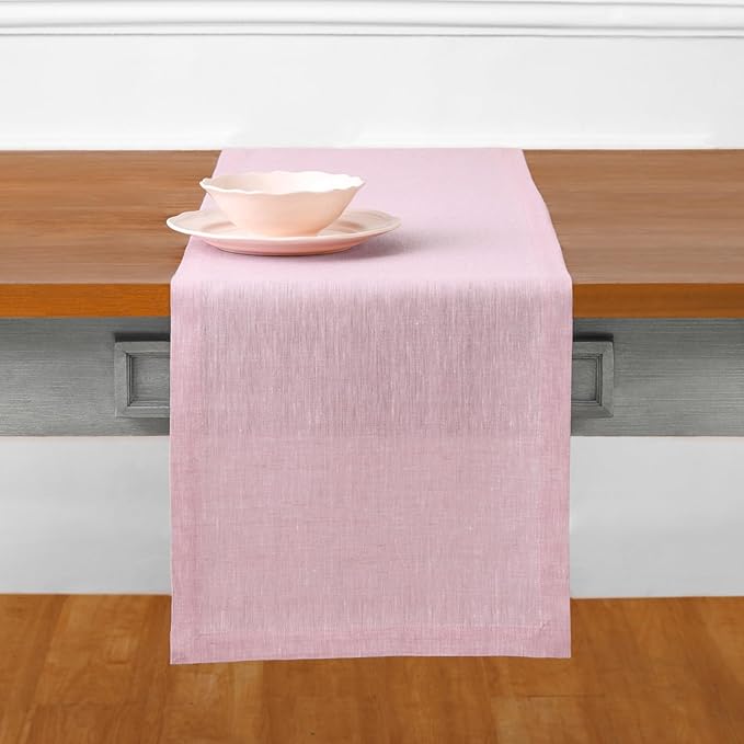 Solino Home Linen Small Table Runner 36 Inches - Athena, 100% Pure Linen Bubblegum Pink Table Runner 14 x 36 Inch Ideal for Dresser and Coffee Tables - Valentines, Spring, Easter
