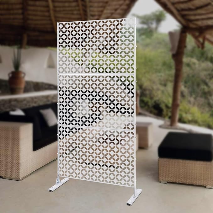 Outdoor Metal Privacy Screen with Stand, 35.4" W x 75" H Freestanding Metal Slatted Decorative Privacy Screen and Panels for Patio Garden Balcony Porch (White Star)