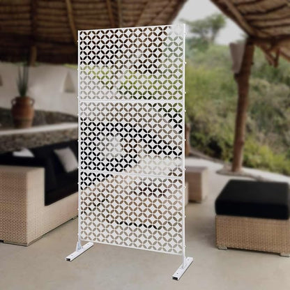 Outdoor Metal Privacy Screen with Stand, 35.4" W x 75" H Freestanding Metal Slatted Decorative Privacy Screen and Panels for Patio Garden Balcony Porch (White Star)