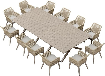 PURPLE LEAF 14 Pieces Outdoor Patio Dining Set All-Weather PE Rattan Furniture Set with All Aluminum Frame Sqaure Table and Chairs Set for 12 People Lawn Garden Backyard Deck, Champagne