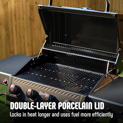 4-Burner Gas BBQ Grill with Side Table, 36,000 BTU Outdoor Propane Grill with Enameled Coated Chamber Body, Premium Porcelain-Enameled Grates for Backyard, Patio, Camping Barbecue, Black