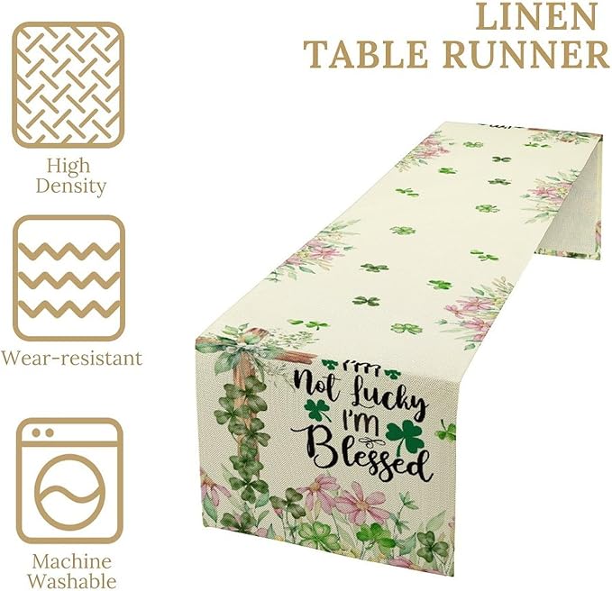 Cross Clover Table Runner,Rustic Beige Pink Floral Green Shamrock St.Patrick's Day Table Center Decor for Home Kitchen Dining Patio Holiday Party Indoor Decorations, 13"x72"