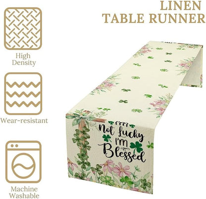 Cross Clover Table Runner,Rustic Beige Pink Floral Green Shamrock St.Patrick's Day Table Center Decor for Home Kitchen Dining Patio Holiday Party Indoor Decorations, 13"x90"