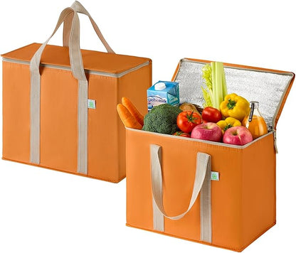 VENO 2 Pack Cooler Bag and Insulated Grocery Bags for Food Delivery, Collapsible Cooler. Reusable Shopping Bags for Groceries with Hard Bottom, Zippered, Foldable, Heavy-Duty (Autumn Orange, 2 Pack)