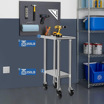 HARDURA Stainless Steel Commercial Table Prep & Work Table with Casters Heavy Duty Metal Table with Wheels NSF 430 24×12 Inches