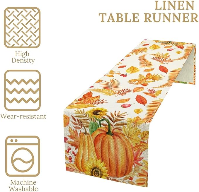 Fall Pumpkin Table Runner, Rustic Autumn Harvest Thanksgiving Sunflower Leaves Table Runner for Kitchen Dining Table Decoration Party Holiday, 13x36inch