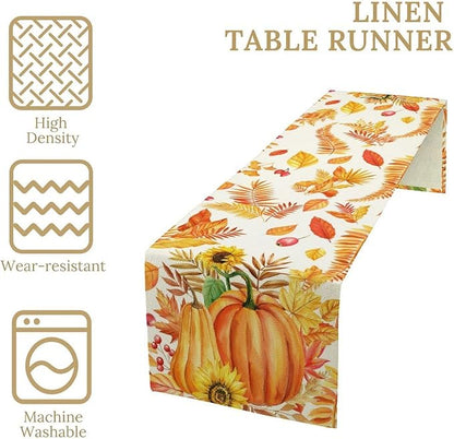 Fall Pumpkin Table Runner, Rustic Autumn Harvest Thanksgiving Sunflower Leaves Table Runner for Kitchen Dining Table Decoration Party Holiday, 13x108inch
