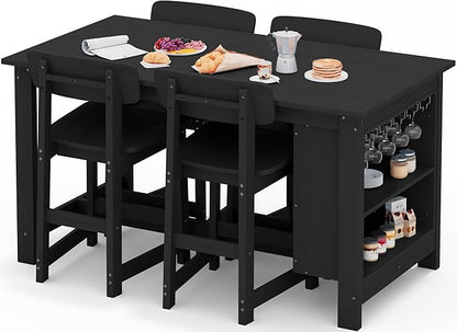 SERWALL Outdoor Bar Table and Chairs Set, 5-Piece HDPE Counter Height Patio Dining Sets with Storage and Wine Rack, Rectangular High Top Bar Table with 4 Bar Stools for Garden, Backyard, Black