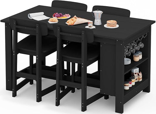 SERWALL Outdoor Bar Table and Chairs Set, 5-Piece HDPE Counter Height Patio Dining Sets with Storage and Wine Rack, Rectangular High Top Bar Table with 4 Bar Stools for Garden, Backyard, Black