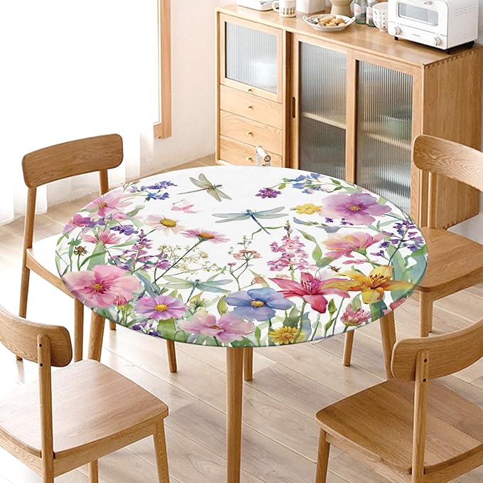 Spring Summer Floral Round Fitted Tablecloth with Elastic Wildflower Dragonfly Circle Table Cloth for 44-48" Tables Farmhouse Easter Flowers Stretch Waterproof Table Cover for Picnic Outdoor Dining