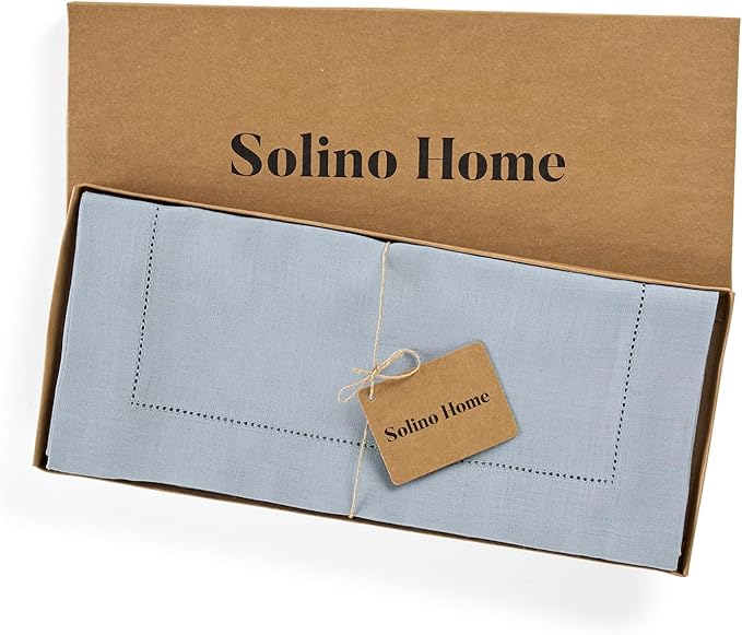 Solino Home Linen Table Runner 144 Inches Long - 100% Pure Linen Dusty Blue Table Runner 14 x 144 Inch for Winter, Spring, Easter - Classic Hemstitch