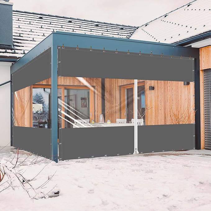 20 Oz Outdoor Vinyl Curtain with Double Sided Zip, Outdoor Clear Panel Curtain, Weather Resistant Outdoor Curtain for Pergola, Porch, Gazebos, with Rustproof Grommets (8'H x 7'W, Dark Gray)