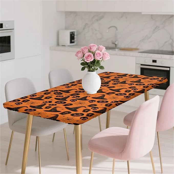 Rectangle Table Cloth Cover Waterproof Elastic Fitted Polyester Fitted Tablecloths for 6 Foot Tables for Indoor,Picnic, Camping, Outdoor （60" x 30"，Halloween Tablecloth）