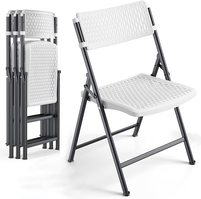 4-Pack White Folding Chairs, Mesh Plastic Seat by HomePage