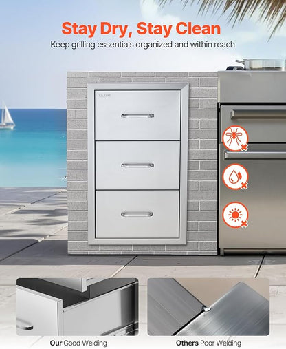 VEVOR 17W x 30H x 21D Inch Outdoor Kitchen Stainless Steel Double Access Drawers with Paper Towel Holder Combo for BBQ Island or Grill Station