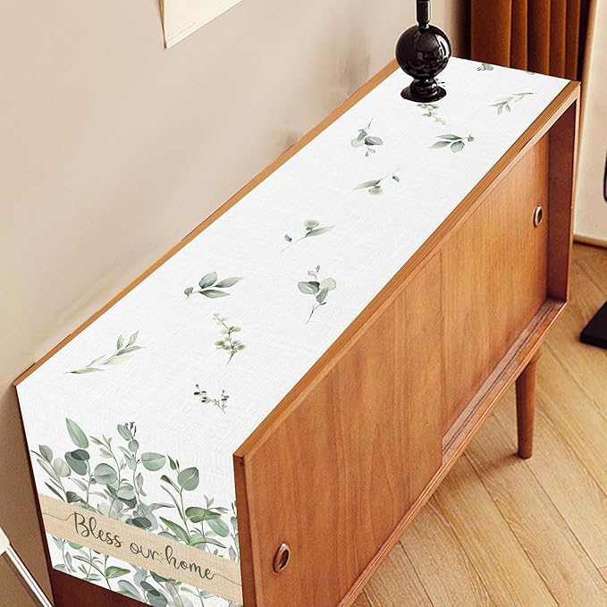 Farmhouse Table Runner, Green Eucalyptus Spring Summer Seasonal Plants Rustic Country Cafe Coffee Table Center Decor for Home Kitchen Dining Patio Indoor Outdoor Table Decorations, 13"x90" Inch