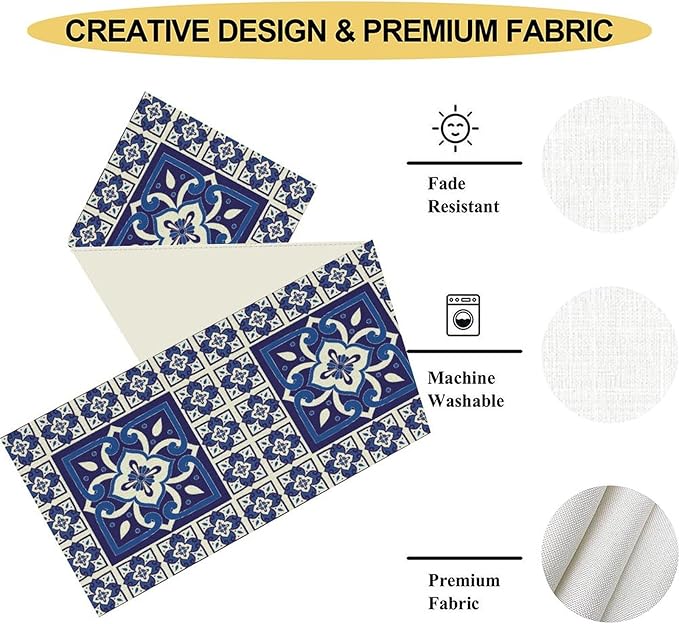Mexican Table Runner, Blue Floral Birds Mexico Talavera Tiles Ceramic Dia De Los Muertos Coffee Table Center Decor for Family Kitchen and Dining Farmhouse Indoor Outdoor Table Decorations, 13"x108"