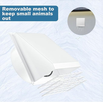 Hon&Guan Dryer Vent Cover Outside with Removable Mesh, Wall Mount Extractor Vent with Rubber Cushioned Non-Return Flap, High Quality Iron Outside Dryer Vent Cover for House (White, 6 Inch)