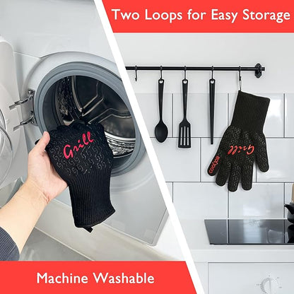 COOLJOB Heat Resistant BBQ Gloves for Hot Temperature Cooking, Barbecue Grilling or Baking Bread Pizza, 800 Degrees Safe Oven Mit with Fingers, Aramid Fiber with Silicone Grip, One Size, Black