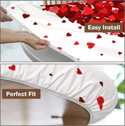 Valentines Day Round Fitted Tablecloth with Elastic Red Love Heart Circle Table Cloth for 36-40" Tables Wipeable Waterproof Washable Valentine Decorative Table Cover for Picnic Dining Party Decor