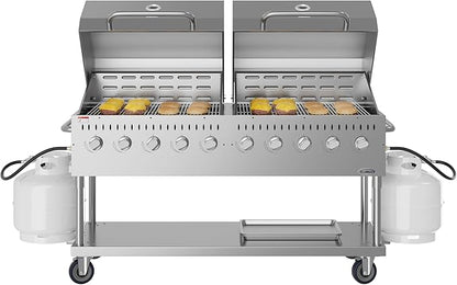72 in. 10-Burner Commercial Outdoor Propane Gas Grill with Two 36 in. Roll Dome Covers in Stainless-Steel, ETL Listed (CGKIT7-D36D36)