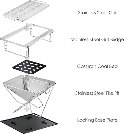 Explorer Bear 20" Stainless Steel Foldable Takibi Fire & Grill with Carrying Bag, Bridge, and Coal Bed | Portable Wood Burning Grill and Fire Pit | Perfect for Camping, Outdoors, Patios