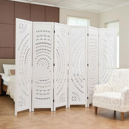 66.9Inch Folding Room Divider, 6 Panels Wood Carved Privacy Screens, Free Assembled Freestanding Partition for Home Office Restaurant Bedroom (White-Washed)
