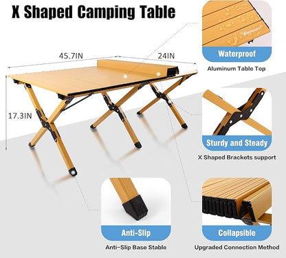 Folding Camping Table, Lightweight Roll-Up Table Aluminum Low Portable Picnic Table with Easy Carrying Bag for Outdoor, Beach, Picnic, Backyards, BBQ and Party, 45.2"L x 23.6"W x 17.3"H