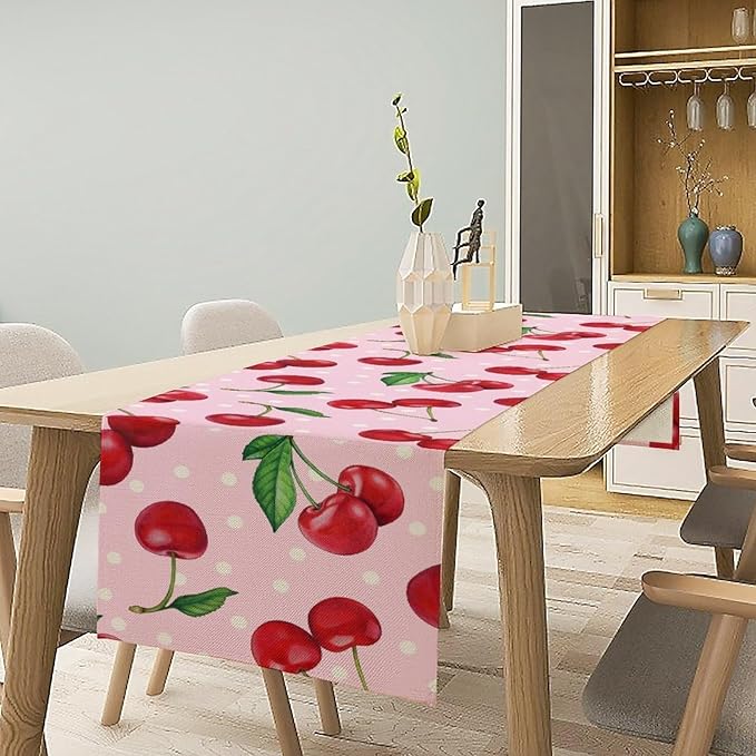 Red Cherry Table Runner, Tropical Fruit Polka Dot Print Table Runner for Birthday Party Dining Room Home Kitchen 13x70in