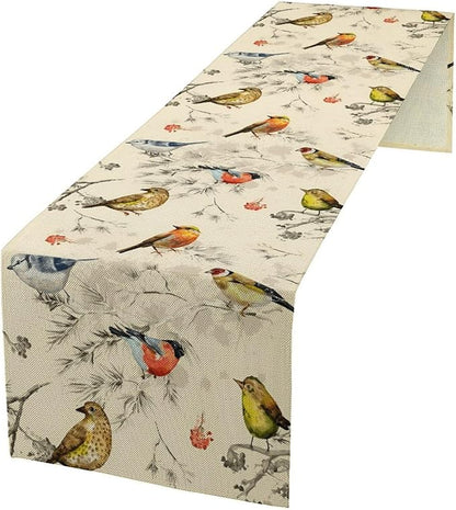 Vintage Bird Table Runner,Watercolor Winter Perching Birds Table Decoration for Kitchen Dining Table Holiday Indoor Outdoor Home Party Decor 13x60in