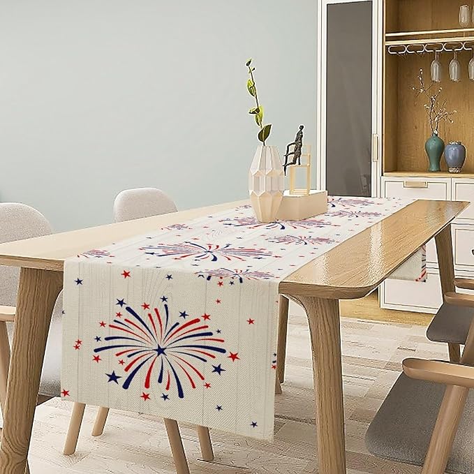 Fireworks Table Runner, 4th of July Patriotic Memorial Day American Independence Day Table Runner for Holiday Kitchen Dining Holiday 13x108in