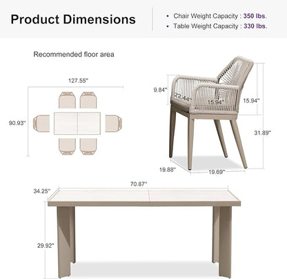 PURPLE LEAF 7 Pieces Patio Dining Set Aluminum Modern Rectangular Table and Rattan Arm Chairs with Cushions for Kitchen Porch Garden Outdoor Furniture Sets, Champagne