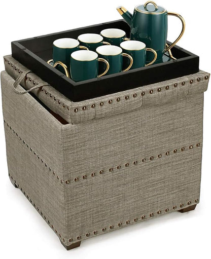 Adeco 18 Inch High Cube Ottoman Storage, Linen Grey Chair Foot Stools with Tray, Upholstered Vanity Stool