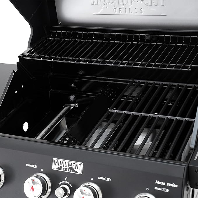 Monument Grills 4-Burner Liquid Propane Gas Grill, Matte Black Stainless Steel Burner Grill with Clearview® Lid, One Foldable Shelf for Outdoor Cooking Kitchen Patio Backyard, Mesa420MF with BBQ Cover