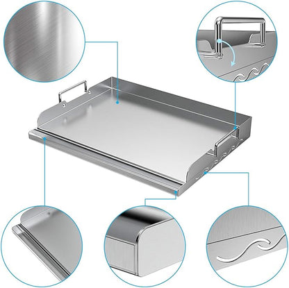 Skyflame Universal Stainless Steel Griddle Flat Top Plate with Even Heating Bracing for BBQ Charcoal/Gas Grills, Camping, Tailgating, and Parties 17" x 13"