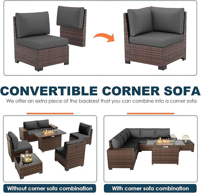 Patio Furniture Set with Fire Pit Table, 7 Piece Outdoor Sectional Conversation Sets Wicker Rattan Sectional Sofa with Coffee Table for Patio Garden Backyard, 4'' Thickened Cushion Dark Grey