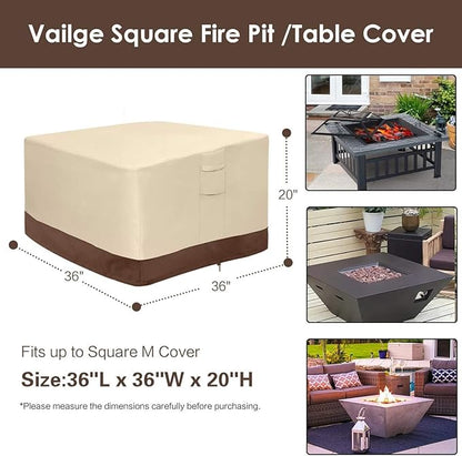 Vailge Fire Pit Cover Square,100% Waterproof Square Gas Firepit Table Cover,Outdoor Heavy Duty Lawn Patio Furniture Covers with Air Vent and Handle,36" L x 36" W x 20" H,Beige & Brown