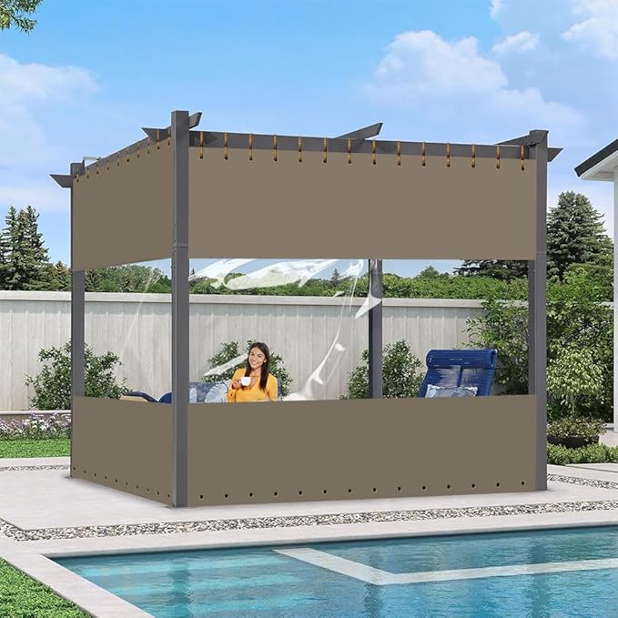 Covers & All Outdoor Clear Panel Curtain, 12 oz Vinyl Outdoor Curtains for Patio, Weather Resistant Waterproof Tarp with Brass Grommets for Pergola, Porch, Gazebos, Balcony (7'H x 8'W Feet, Beige)