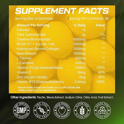 CNFDHI Creatine Gummies Monohydrate 6000MG, Pre-Workout for Women, Collagen, L-Taurine, BCAA 2:1, B12& Vitamin C for Muscle Support, Enhance Strength, Energy Boost, 30 Days Supply